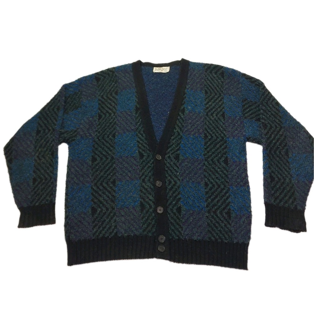 Vtg Jantzen Cardigan Sweater Men's Large Buttons Multicolor Geometric Acrylic